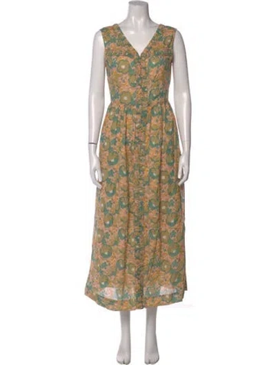 Pre-owned Mirth Caftans Floral Print Long Dress In Green