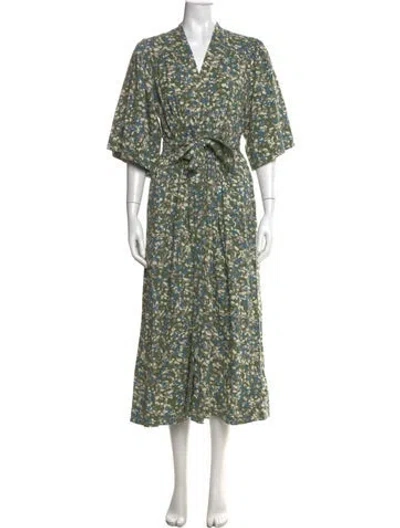 Pre-owned Mirth Caftans Floral Print Long Dress In Green