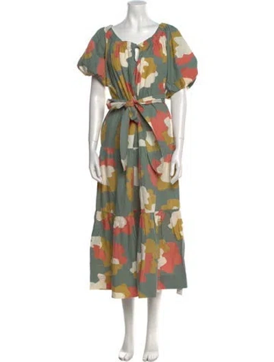 Pre-owned Mirth Caftans Floral Print Long Dress W/ Tags In Green