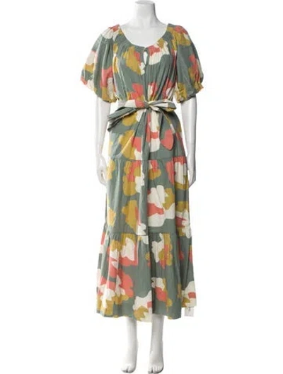 Pre-owned Mirth Caftans Floral Print Long Dress W/ Tags In Green