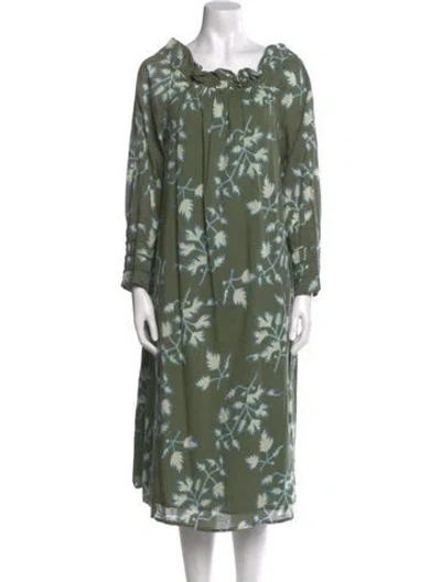 Pre-owned Mirth Caftans Floral Print Midi Length Dress In Green