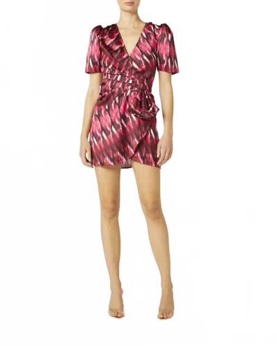 Misa Amina Pleated Draped Satin Mini Wrap Dress In Fuchsia In Multi