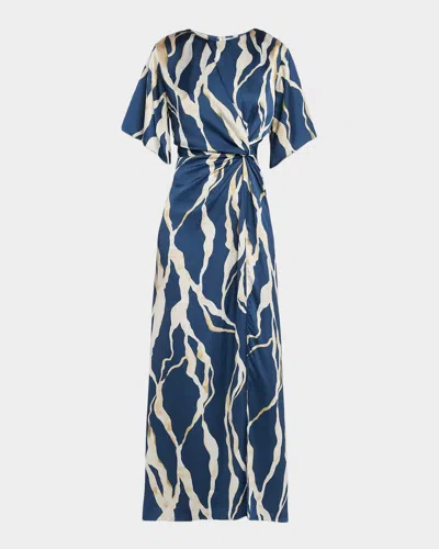 Misa Asah Abstract Satin Maxi Dress In Blue