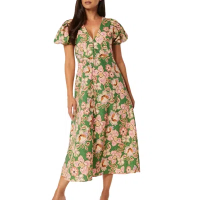 Misa Betty Puff-sleeve Floral Cotton V-neck Midi Dress In Kelly Blossoms