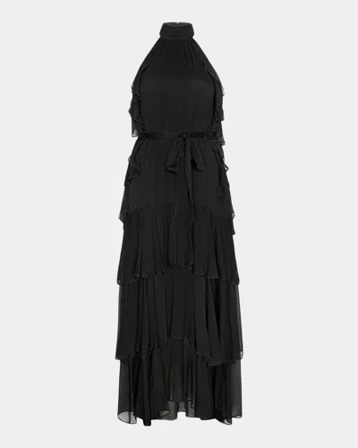 Misa Calissa Ruffled Chiffon High-low Dress In Black