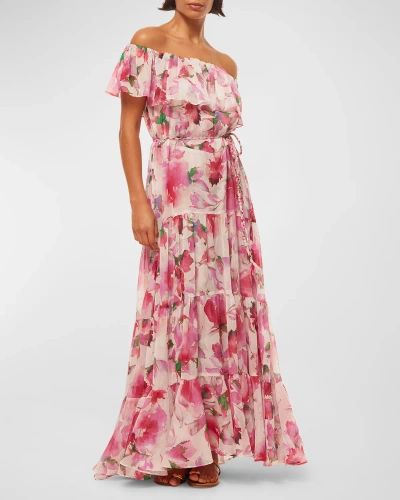 Misa Estella Off-shoulder Tiered Ruffle Maxi Dress In Garden Fuschia