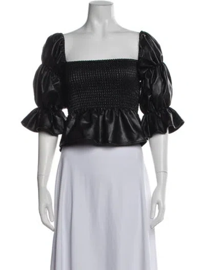 Pre-owned Misa Faux Leather Printed Button-up Top In Black