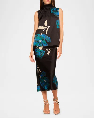 Misa Fay Floral Satin Midi Skirt In Night Shade Flr Stn