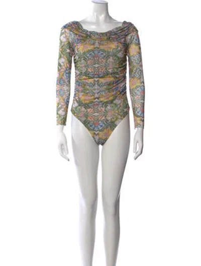 Pre-owned Misa Floral Print Cowl Neck Bodysuit In Green