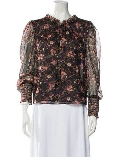 Pre-owned Misa Floral Print Crew Neck Blouse In Black
