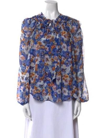 Pre-owned Misa Floral Print Crew Neck Blouse In Blue