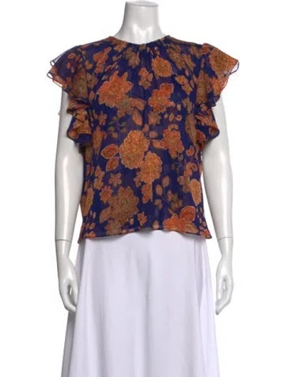 Pre-owned Misa Floral Print Crew Neck Blouse In Blue