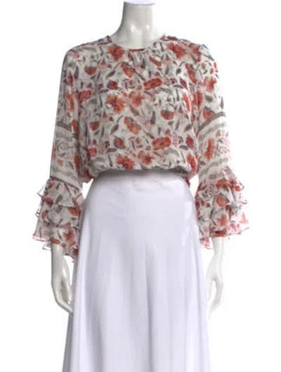 Pre-owned Misa Floral Print Crew Neck Blouse In White