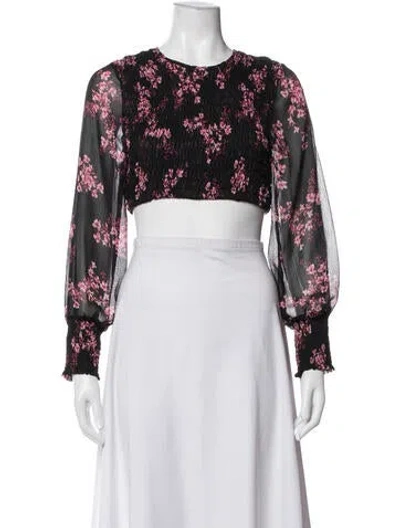 Pre-owned Misa Floral Print Crew Neck Crop Top In Black/pink