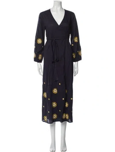 Pre-owned Misa Floral Print Embroidered Accent Robe In Blue