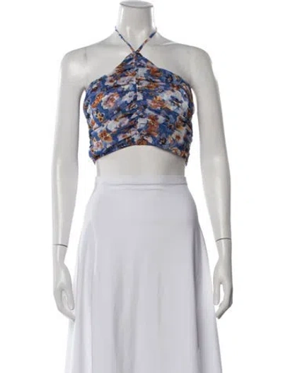 Pre-owned Misa Floral Print Halterneck Crop Top W/ Tags In Blue