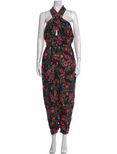 Pre-owned Misa Floral Print Halterneck Jumpsuit In Black