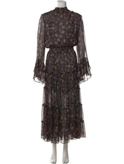 Pre-owned Misa Floral Print Long Dress In Black