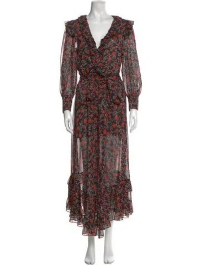 Pre-owned Misa Floral Print Long Dress In Black