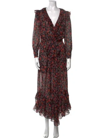 Pre-owned Misa Floral Print Long Dress In Black