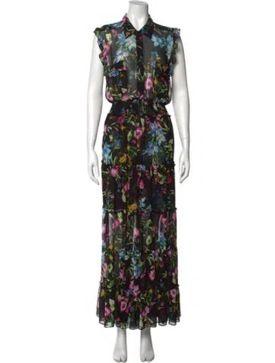 Pre-owned Misa Floral Print Long Dress In Black