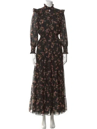 Pre-owned Misa Floral Print Long Dress In Black