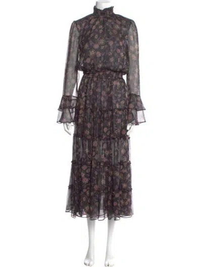 Pre-owned Misa Floral Print Long Dress In Black