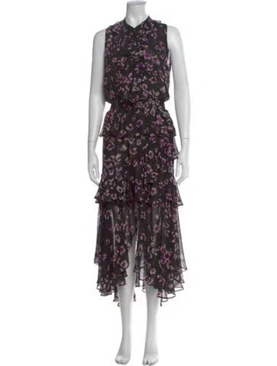 Pre-owned Misa Floral Print Long Dress In Black