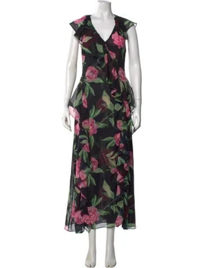 Pre-owned Misa Floral Print Long Dress In Black
