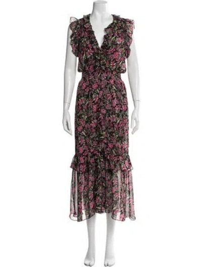 Pre-owned Misa Floral Print Long Dress In Black
