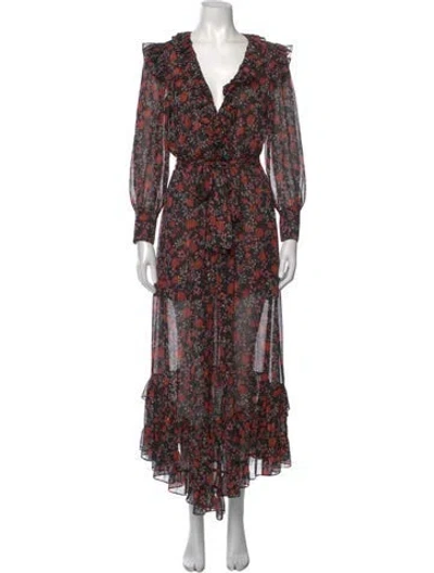 Pre-owned Misa Floral Print Long Dress In Black