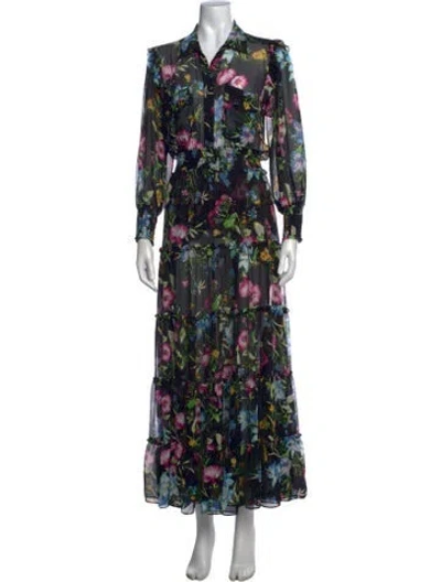 Pre-owned Misa Floral Print Long Dress In Black