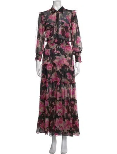 Pre-owned Misa Floral Print Long Dress In Black/pink