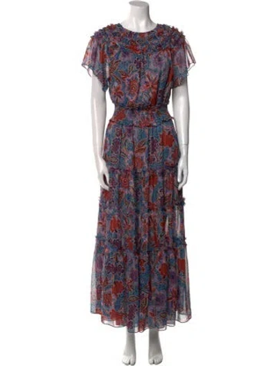 Pre-owned Misa Floral Print Long Dress In Blue