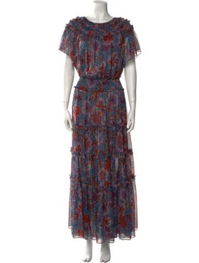 Pre-owned Misa Floral Print Long Dress In Blue