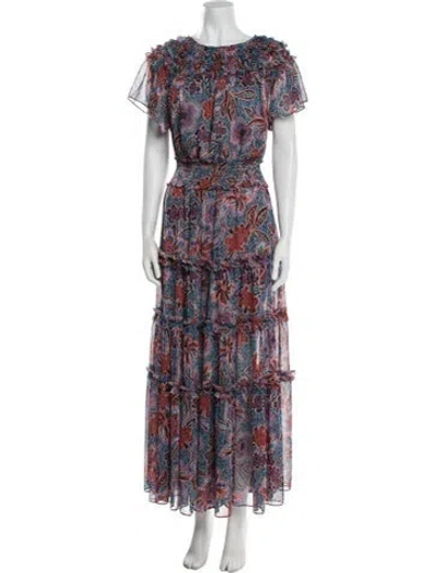 Pre-owned Misa Floral Print Long Dress In Blue