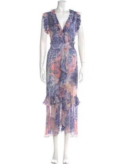 Pre-owned Misa Floral Print Long Dress In Blue