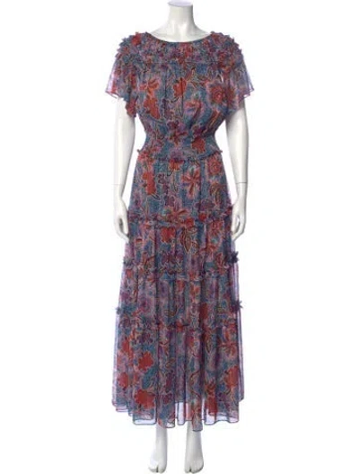 Pre-owned Misa Floral Print Long Dress In Blue