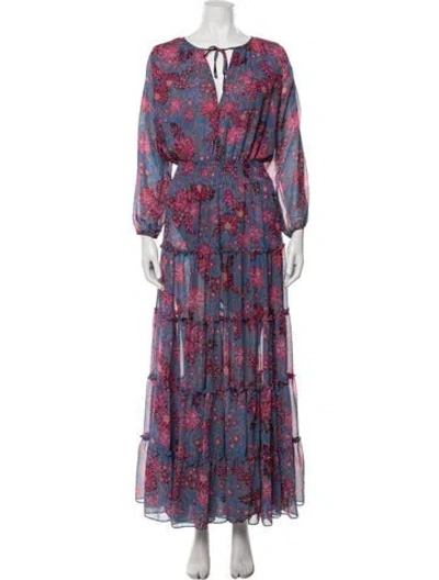 Pre-owned Misa Floral Print Long Dress In Blue
