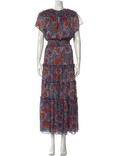 Pre-owned Misa Floral Print Long Dress In Blue