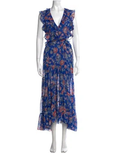 Pre-owned Misa Floral Print Long Dress In Blue