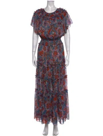 Pre-owned Misa Floral Print Long Dress In Blue