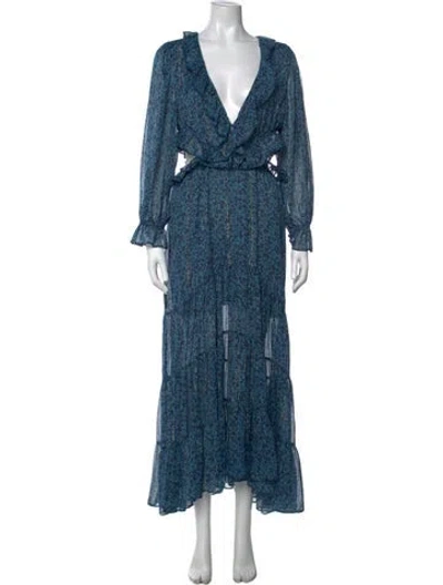 Pre-owned Misa Floral Print Long Dress In Blue/metallic