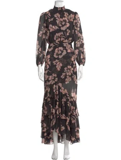 Pre-owned Misa Floral Print Long Dress In Brown