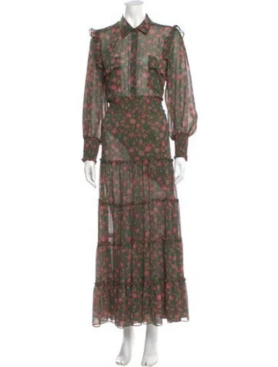 Pre-owned Misa Floral Print Long Dress In Green