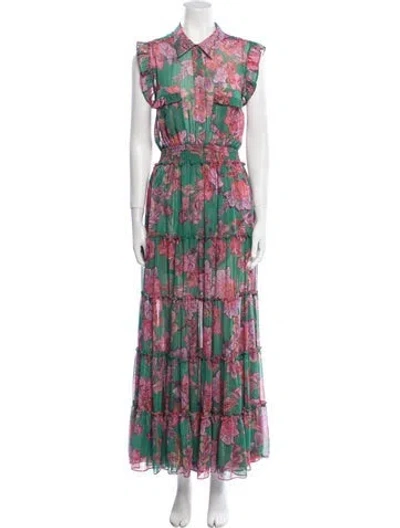 Pre-owned Misa Floral Print Long Dress In Green