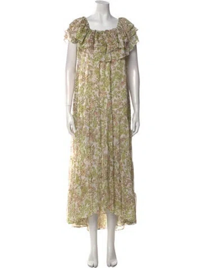 Pre-owned Misa Floral Print Long Dress In Green