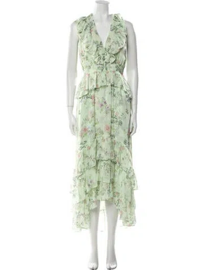 Pre-owned Misa Floral Print Long Dress In Green