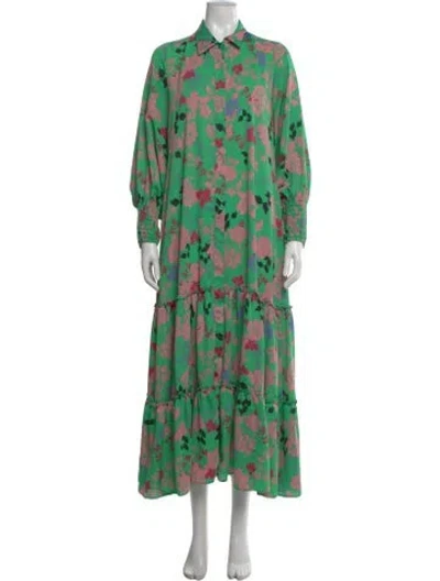 Pre-owned Misa Floral Print Long Dress In Green