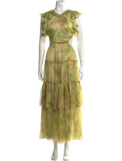 Pre-owned Misa Floral Print Long Dress In Green